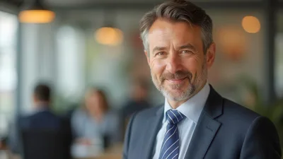 Professional Businessman Smiling In A Modern Office Setting
