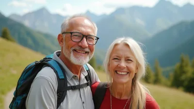 Happy Senior Couple Hiking in the Mountains