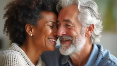 Happy Interracial Senior Couple Embracing Affectionately