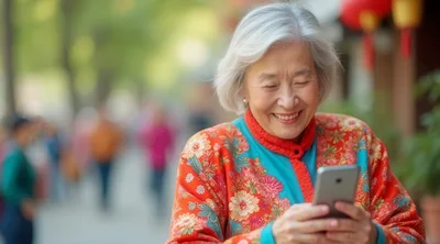Senior Asian Woman Using Smartphone Outdoors