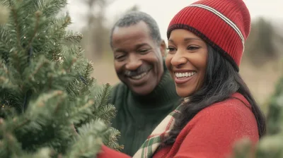 Happy Couple Choosing A Christmas Tree Together