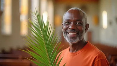 Smiling Senior Man Holding Palm Frond In Church