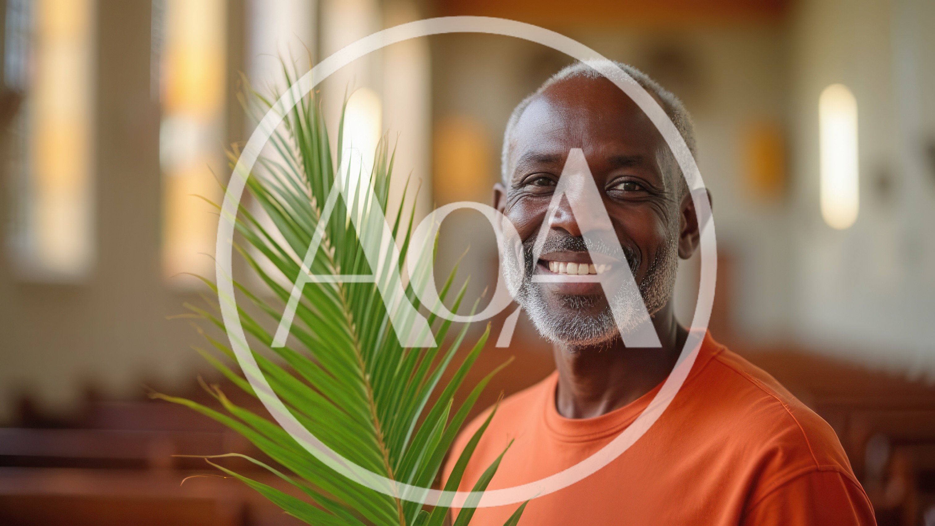 Smiling Senior Man Holding Palm Frond In Church