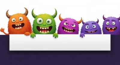 Five Colorful Cartoon Monsters Holding A Blank Sign