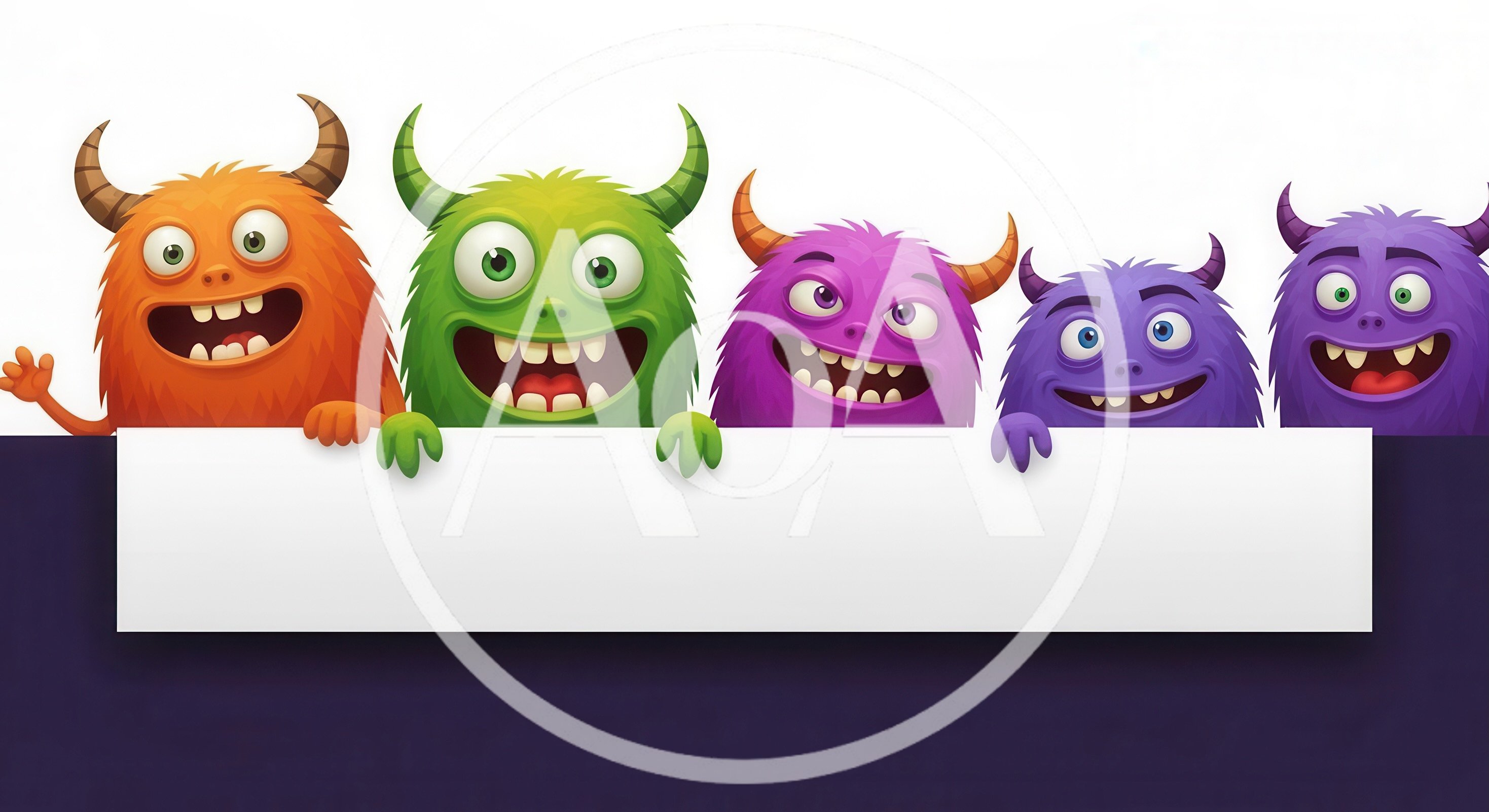 Five Colorful Cartoon Monsters Holding A Blank Sign