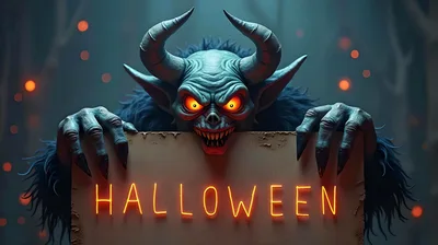 Scary Horned Monster Holding Halloween Sign