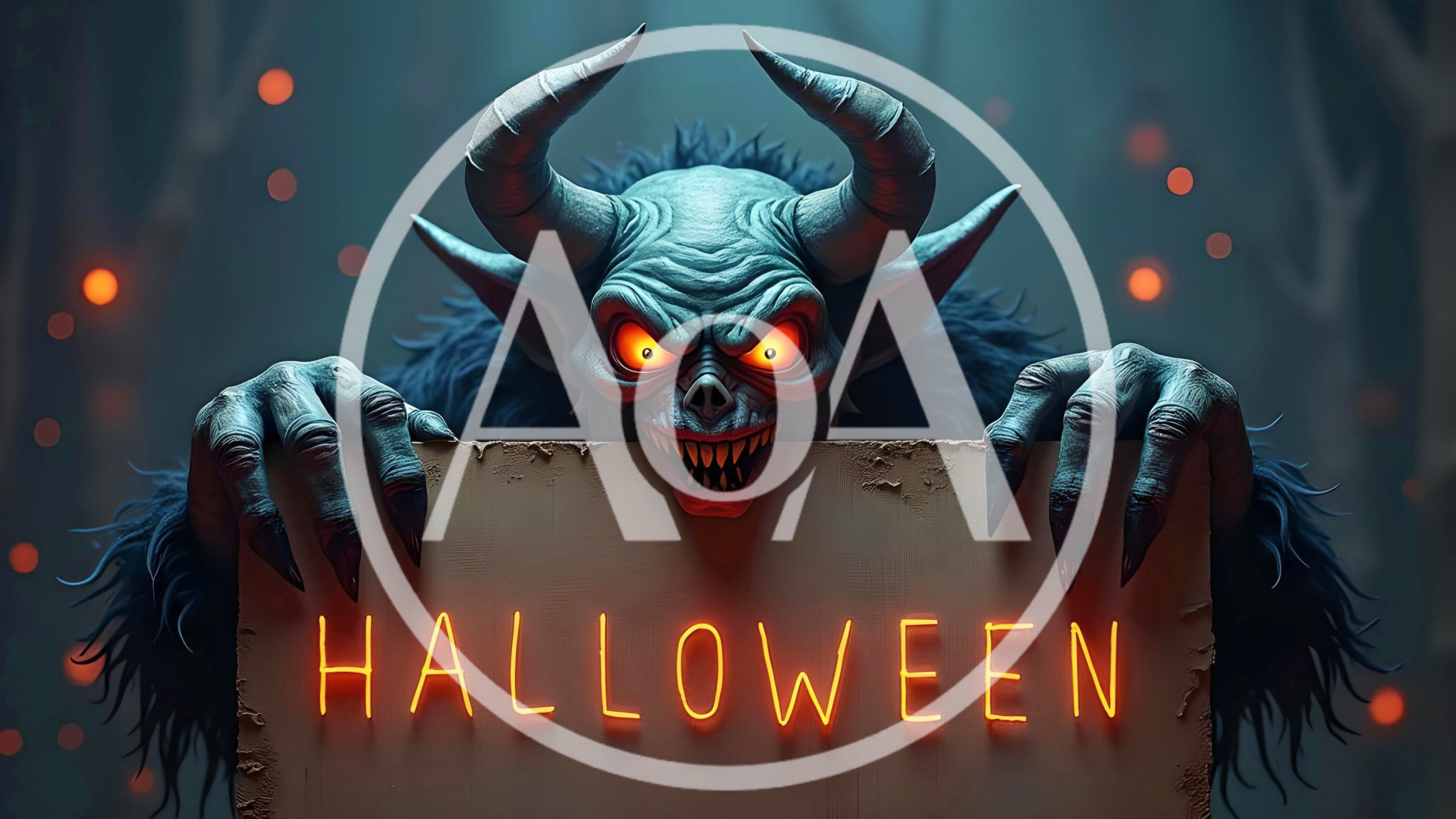 Scary Horned Monster Holding Halloween Sign