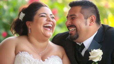 Happy Newlywed Couple Laughing Together Outdoors