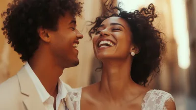 Happy Newlywed Couple Laughing Together Outdoors
