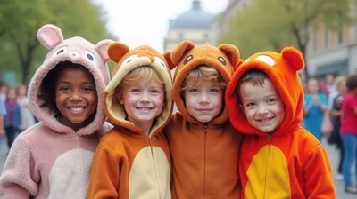 Four Children Wearing Animal Onesies Outdoors