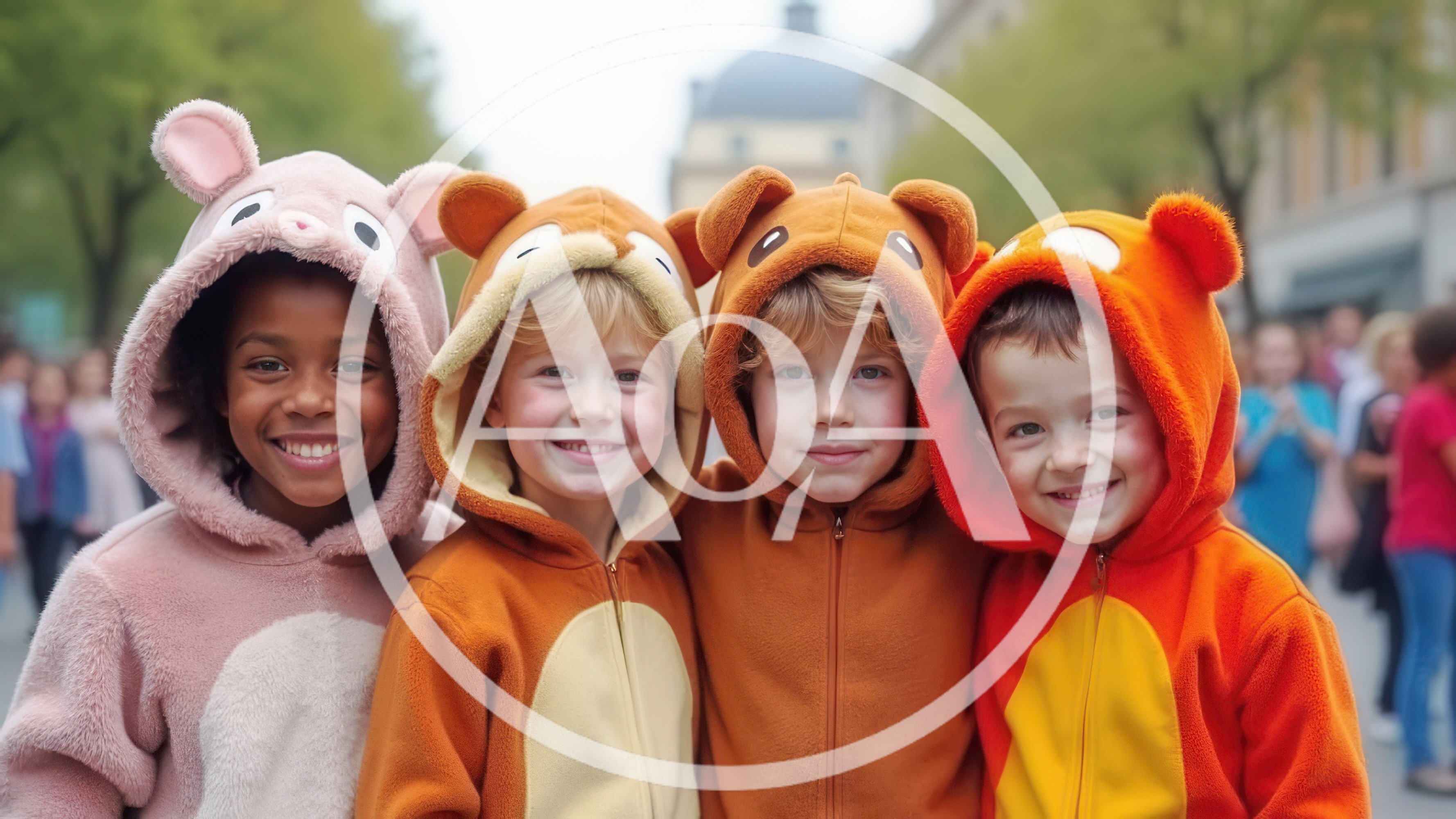 Four Children Wearing Animal Onesies Outdoors
