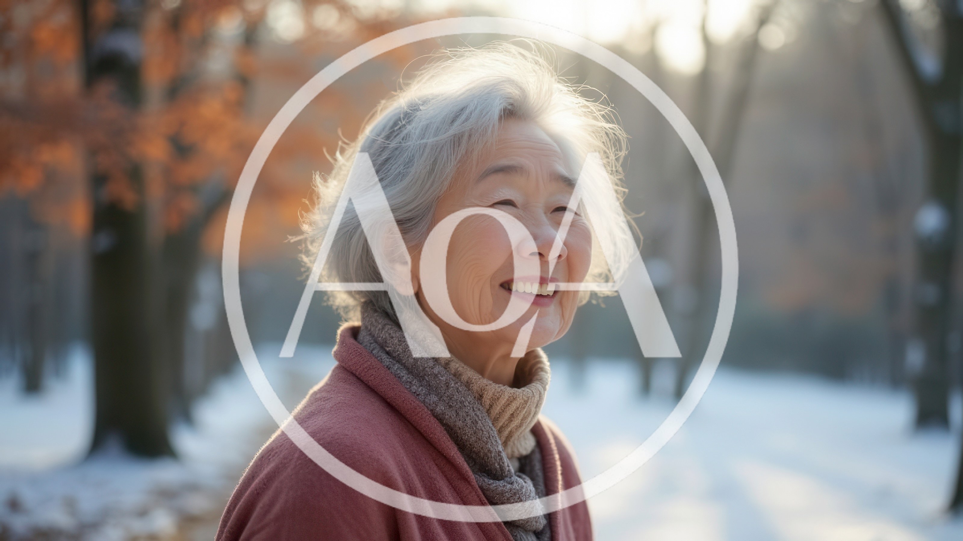 Smiling Elderly Asian Woman Outdoors In Winter