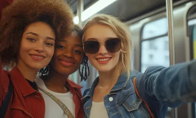 Three Diverse Young Women Taking A Selfie On A Train