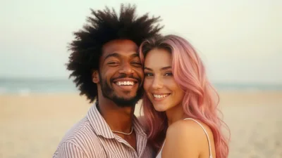 Happy Interracial Couple Smiling Together On The Beach