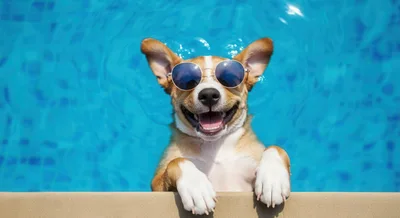 Happy Dog Wearing Sunglasses Swimming In A Pool