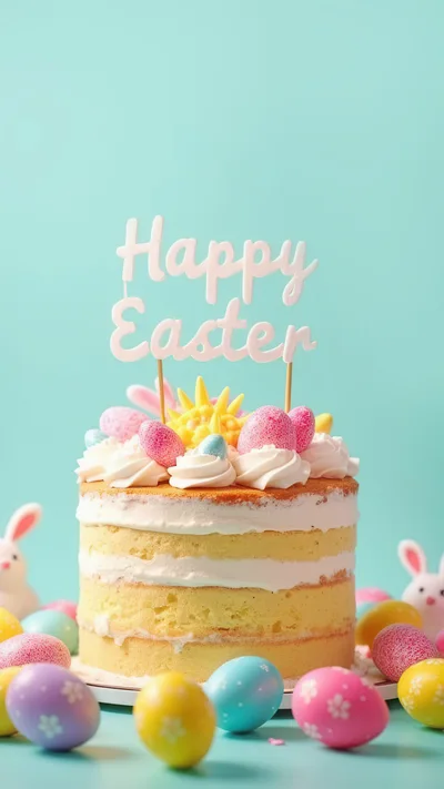 Easter Cake With Colorful Eggs And Bunny Figurines