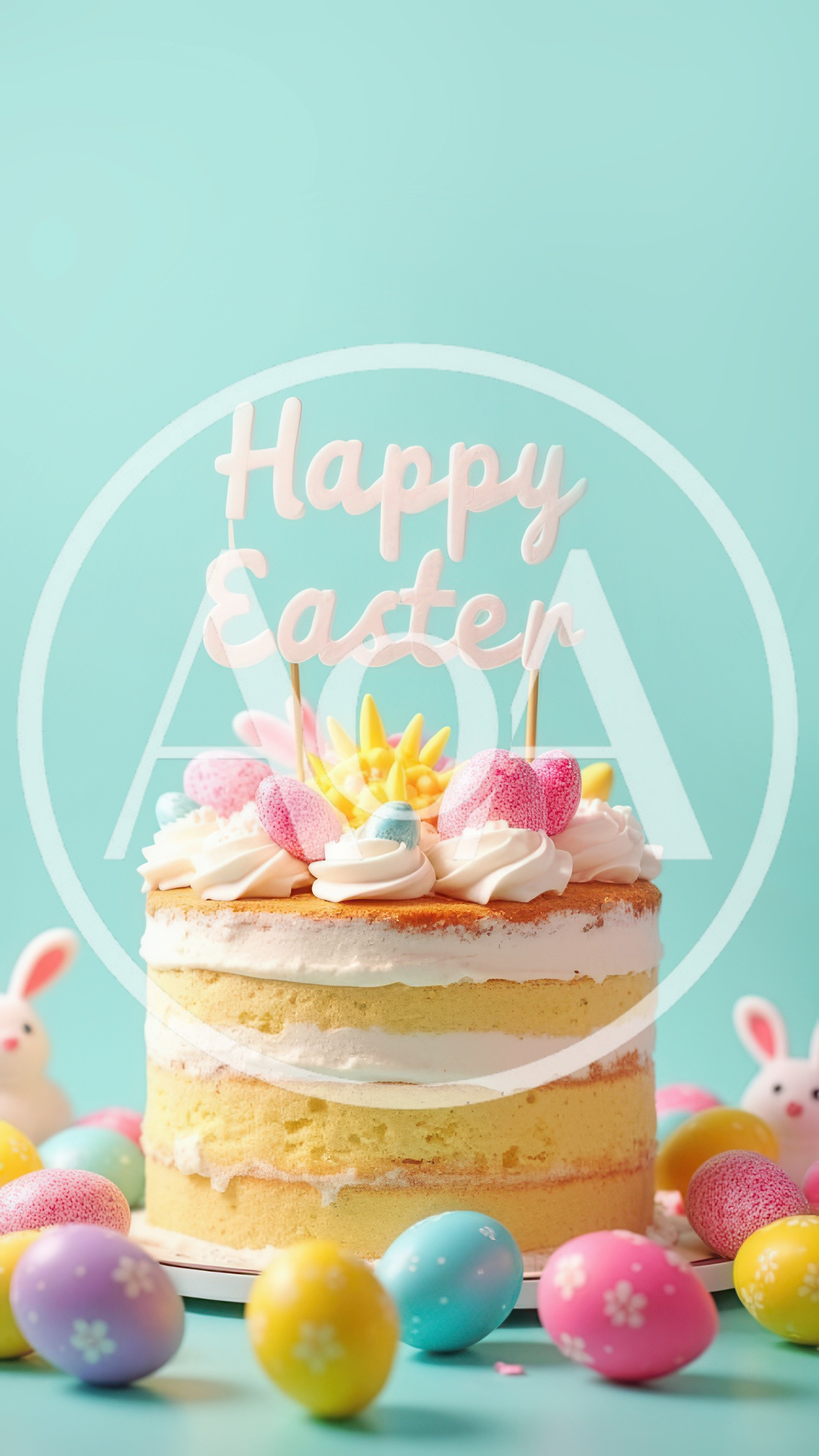 Easter Cake With Colorful Eggs And Bunny Figurines