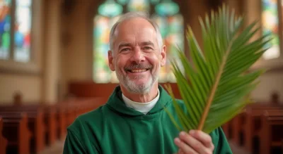 Smiling Priest Holding Palm Branch In Church