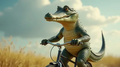 Anthropomorphic Crocodile Riding A Bicycle In A Field