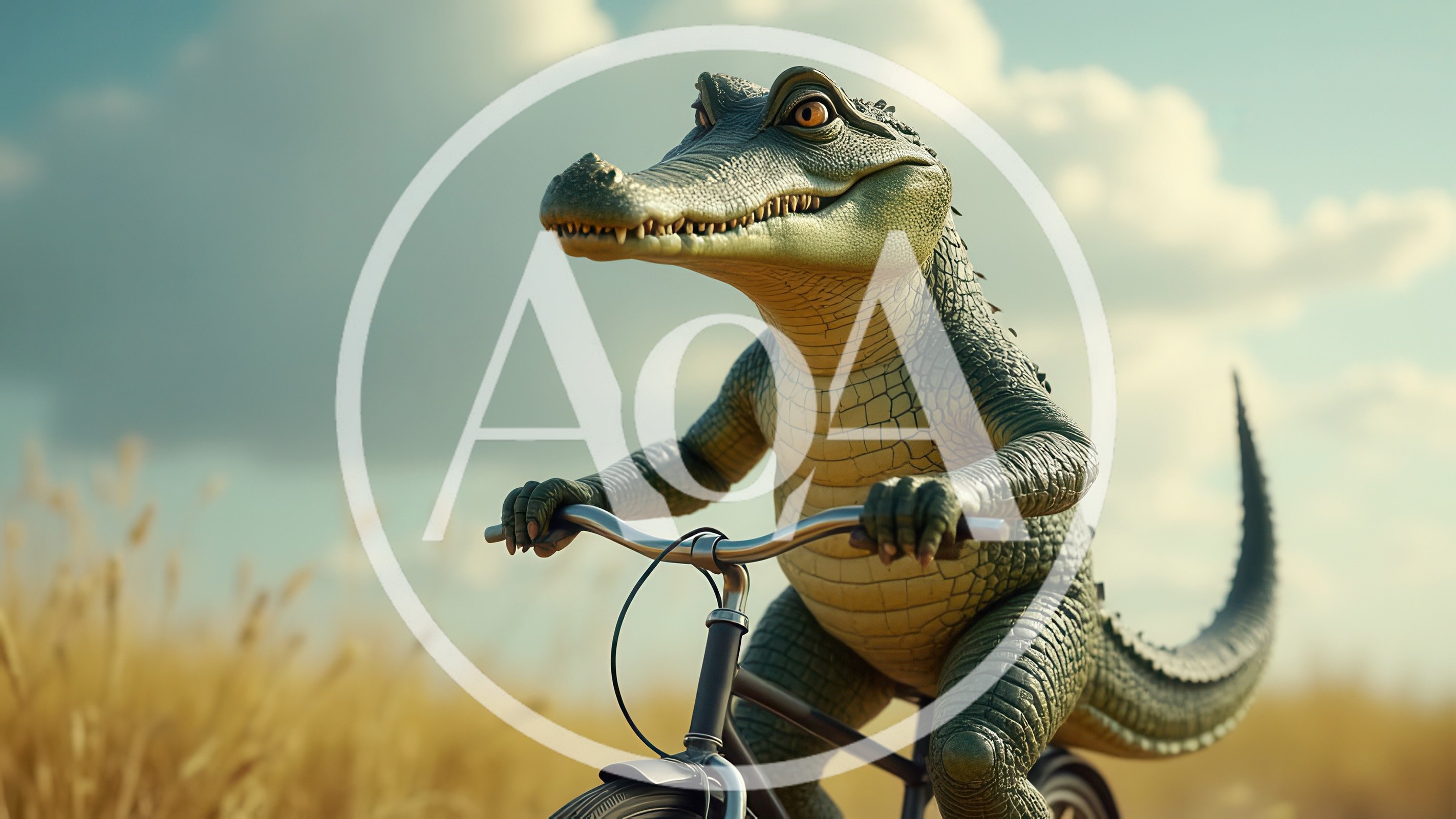 Anthropomorphic Crocodile Riding A Bicycle In A Field