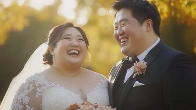 Happy Newlywed Couple Laughing Outdoors