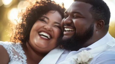 Happy Newlywed Couple Laughing Together Outdoors
