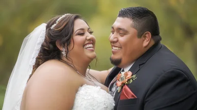 Happy Newlywed Couple Laughing Together Outdoors