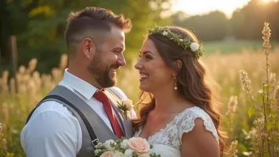Happy Newlywed Couple Smiling at Each Other in Meadow