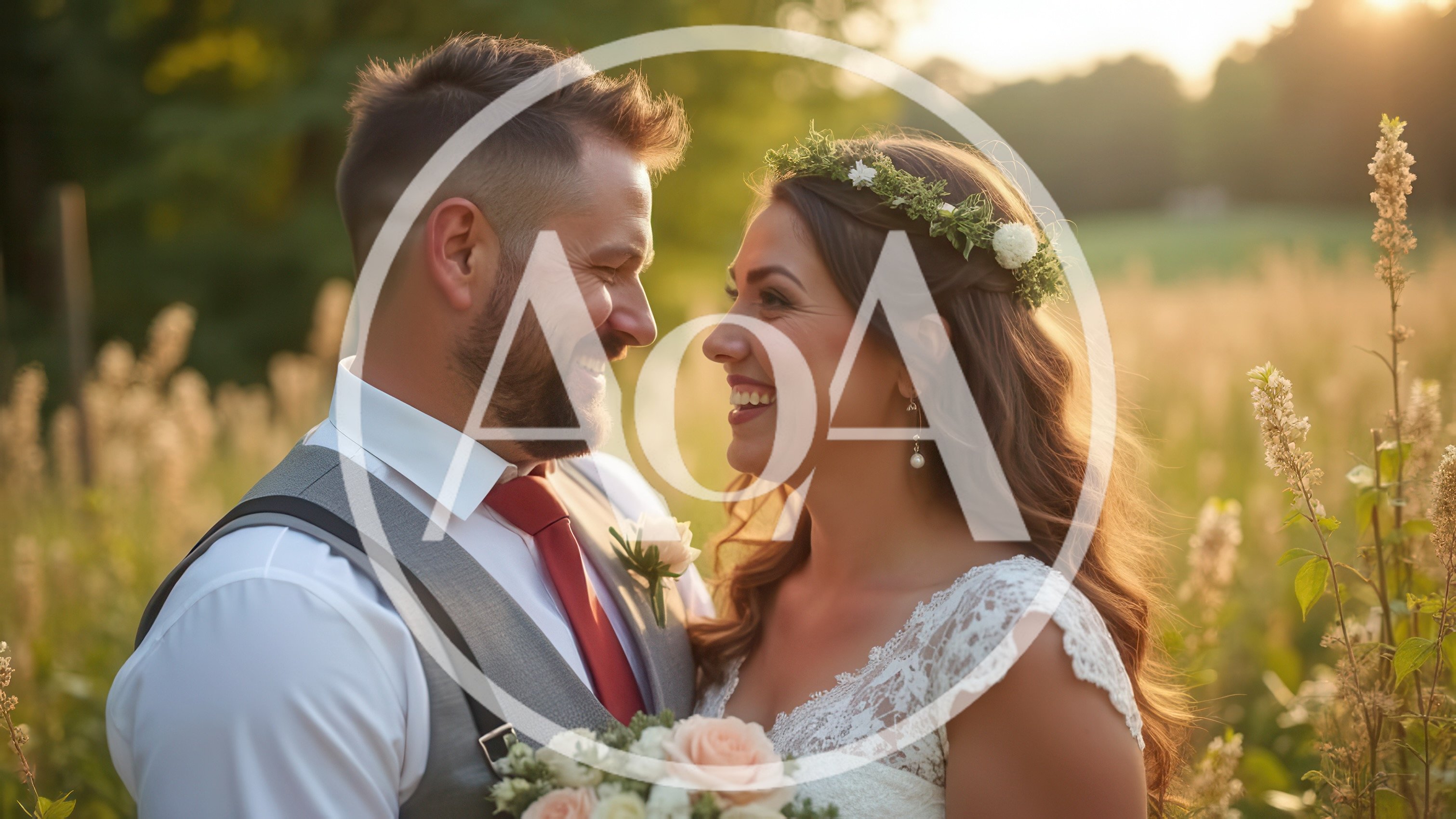 Happy Newlywed Couple Smiling at Each Other in Meadow