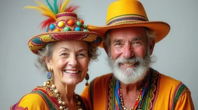 Happy Senior Couple Wearing Colorful Festive Carnival Attire