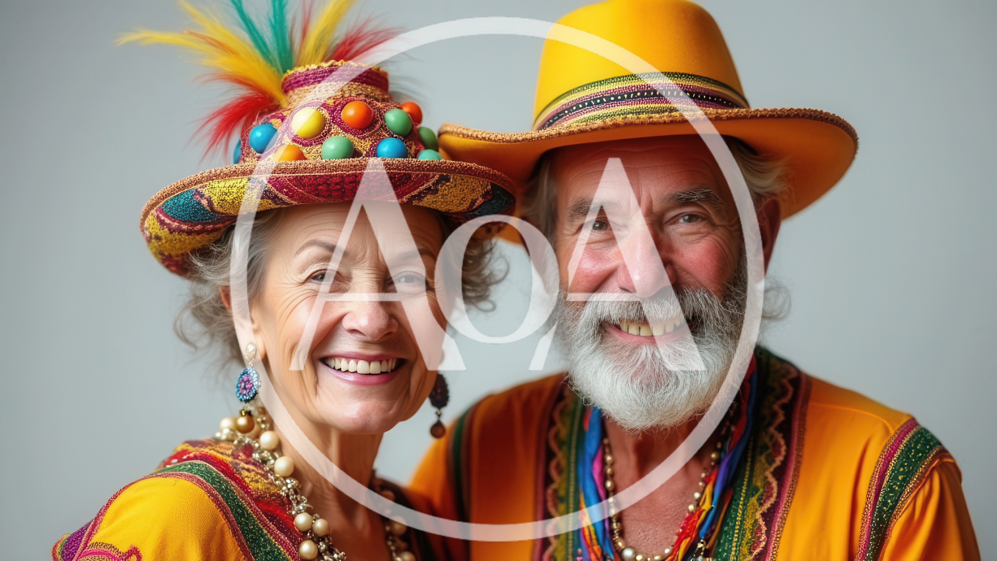 Happy Senior Couple Wearing Colorful Festive Carnival Attire