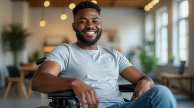 Smiling Black Man Sitting In A Wheelchair