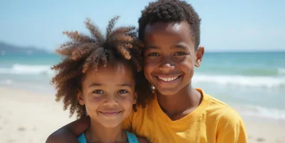 Happy Young Siblings Smiling Together On A Sunny Beach