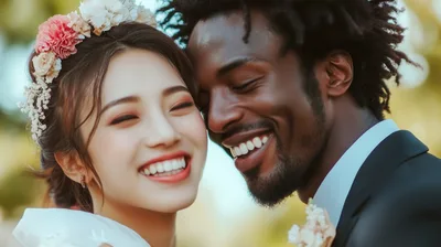 Happy Interracial Couple Smiling Together In Wedding Attire