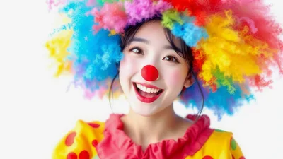 Young Woman Wearing A Colorful Clown Wig And Nose