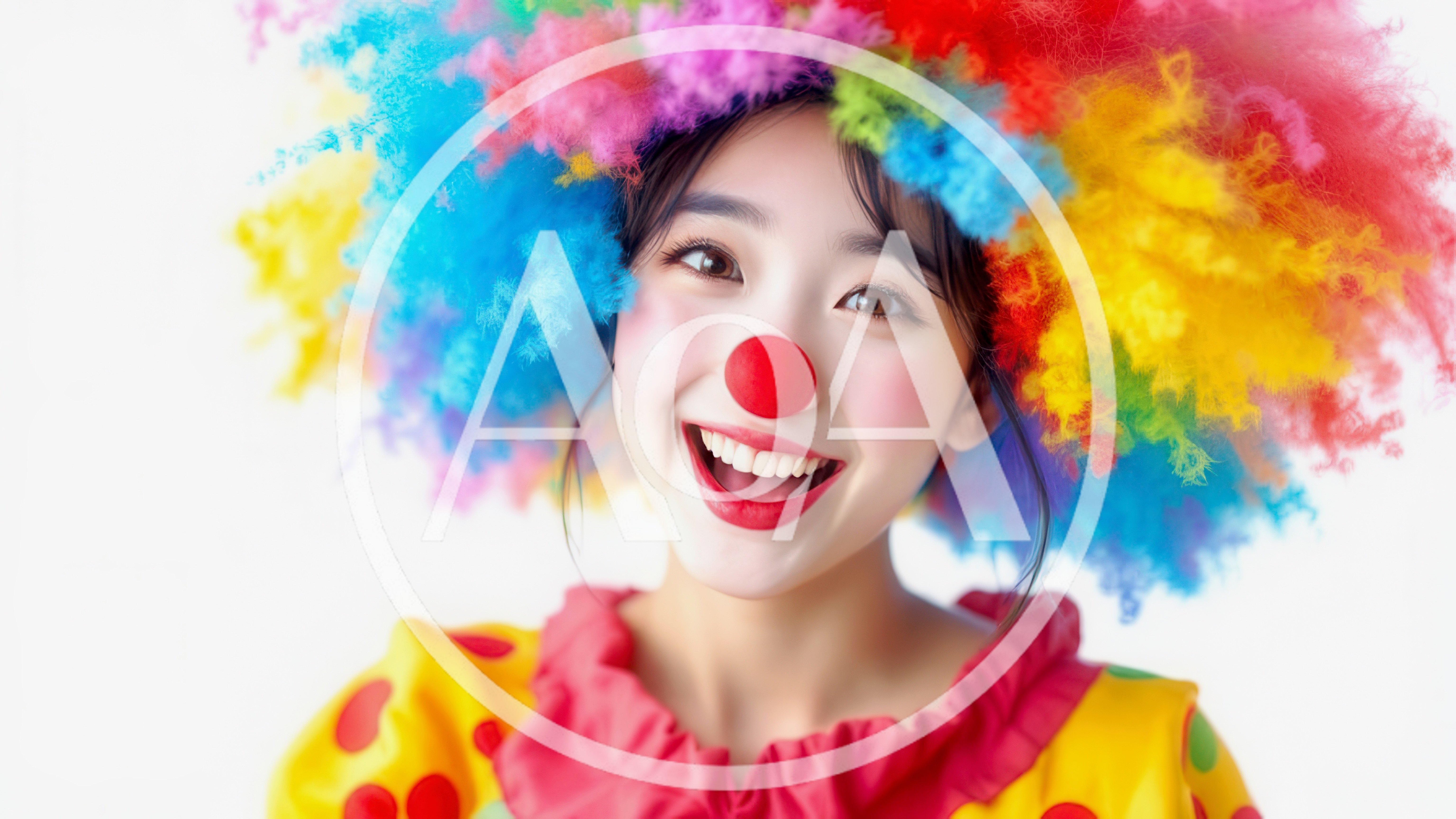 Young Woman Wearing A Colorful Clown Wig And Nose