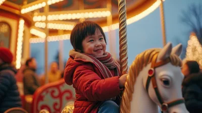 Happy Child Riding Carousel Horse at Winter Fair