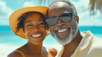 Happy Senior Couple Smiling Together On Tropical Beach