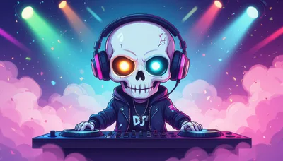 Cartoon DJ Skull Wearing Headphones Performing Live