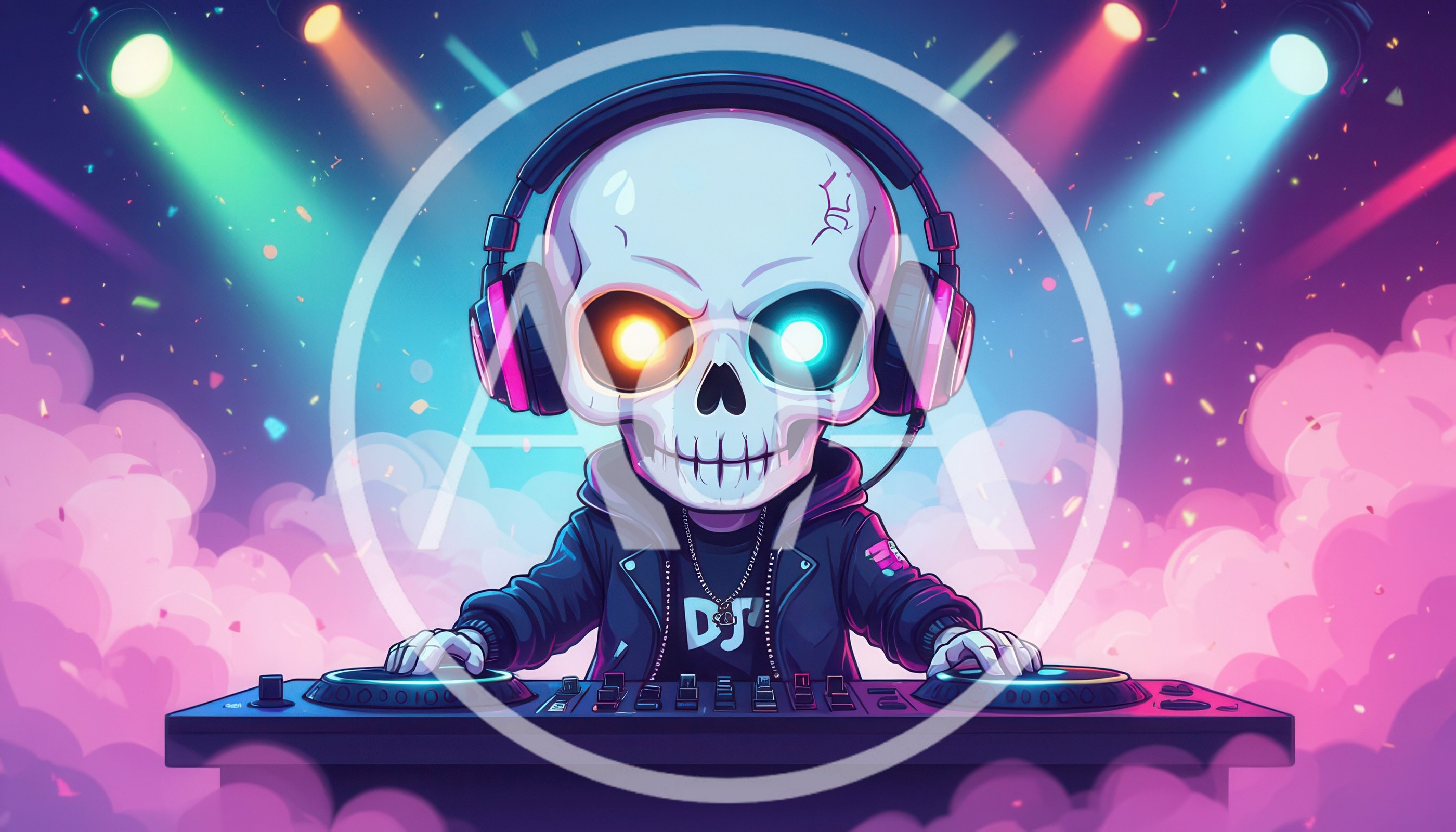 Cartoon DJ Skull Wearing Headphones Performing Live