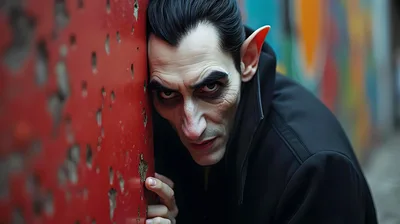 Vampire Man Leaning Against A Red Wall