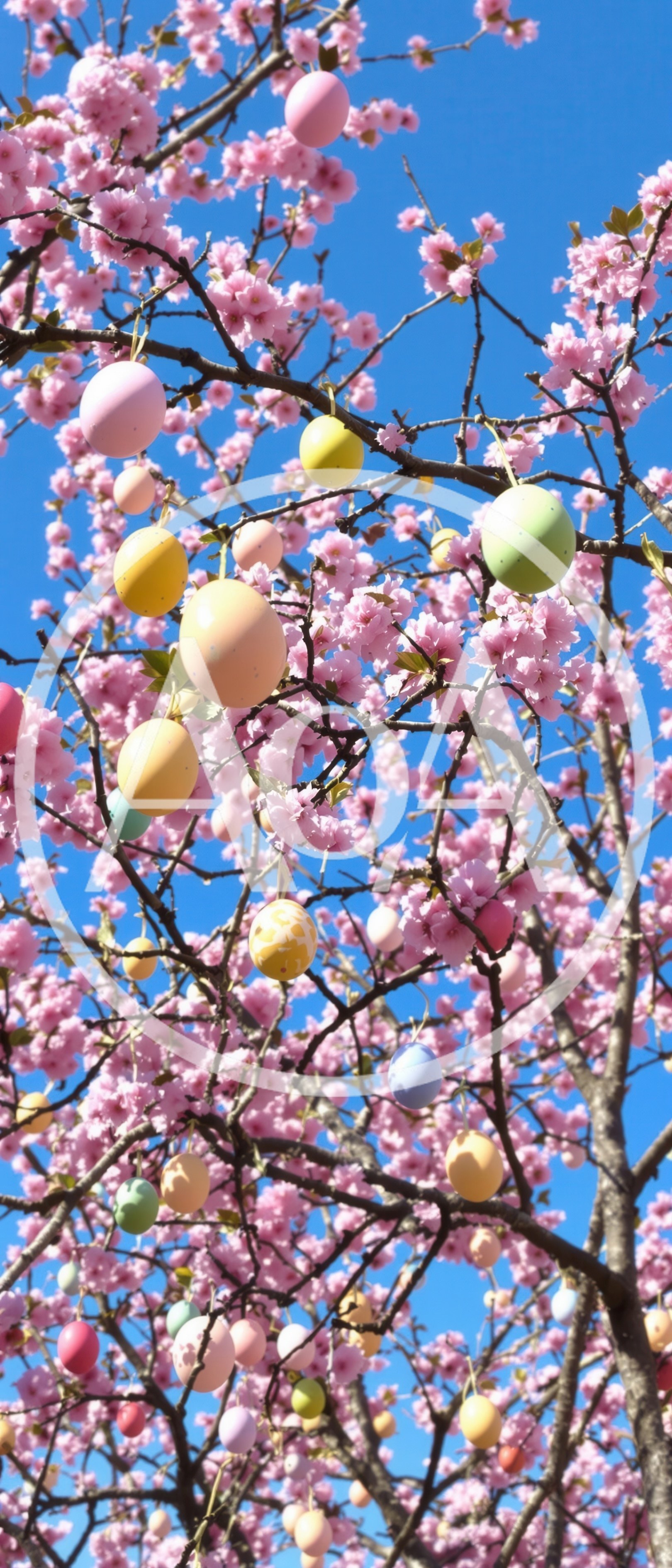 Easter Eggs Hanging From A Blooming Cherry Blossom Tree