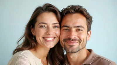 Happy Couple Smiling Together Against A Light Blue Background