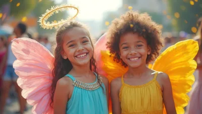 Two Young Girls Dressed As Fairies Smiling Outdoors
