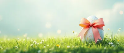 Easter Egg With Pink Ribbon In Spring Meadow
