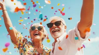 Happy Senior Couple Celebrating With Confetti Outdoors