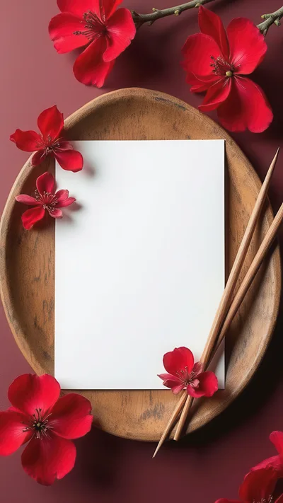 Blank Paper Menu With Red Flowers And Chopsticks