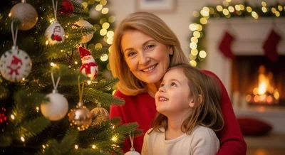 Grandmother and Granddaughter Decorating Christmas Tree