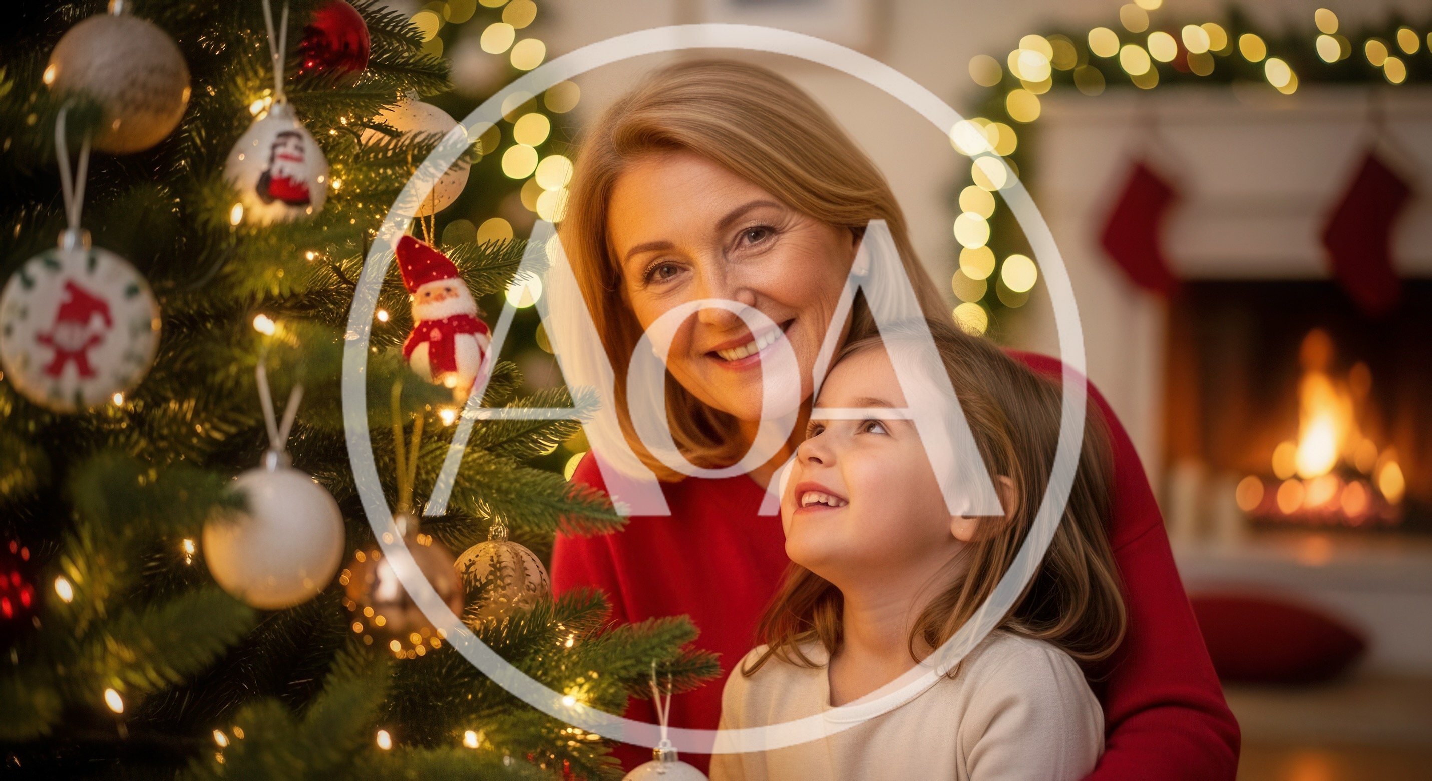 Grandmother and Granddaughter Decorating Christmas Tree