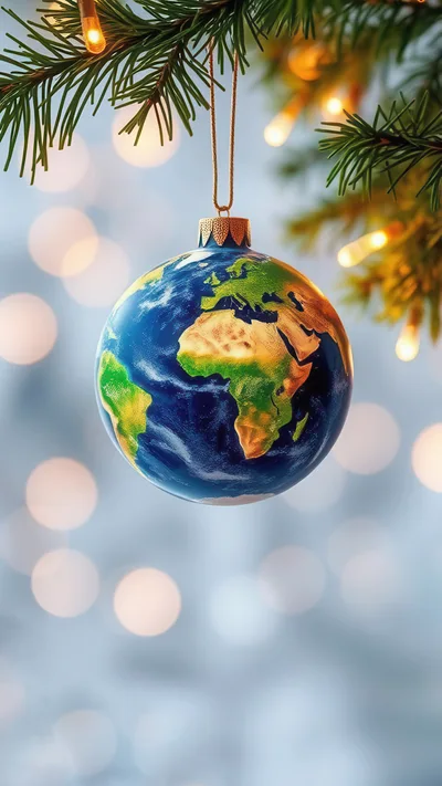 Earth Globe Christmas Ornament Hanging On Pine Branch